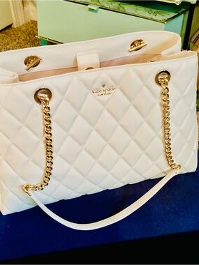 kate spade White Quilted Shoulder Tote with Gold Chain Handles